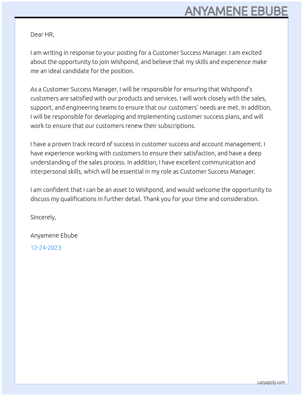 CUSTOMER SUCCESS MANAGER  At WISHPOND Cover Letter
