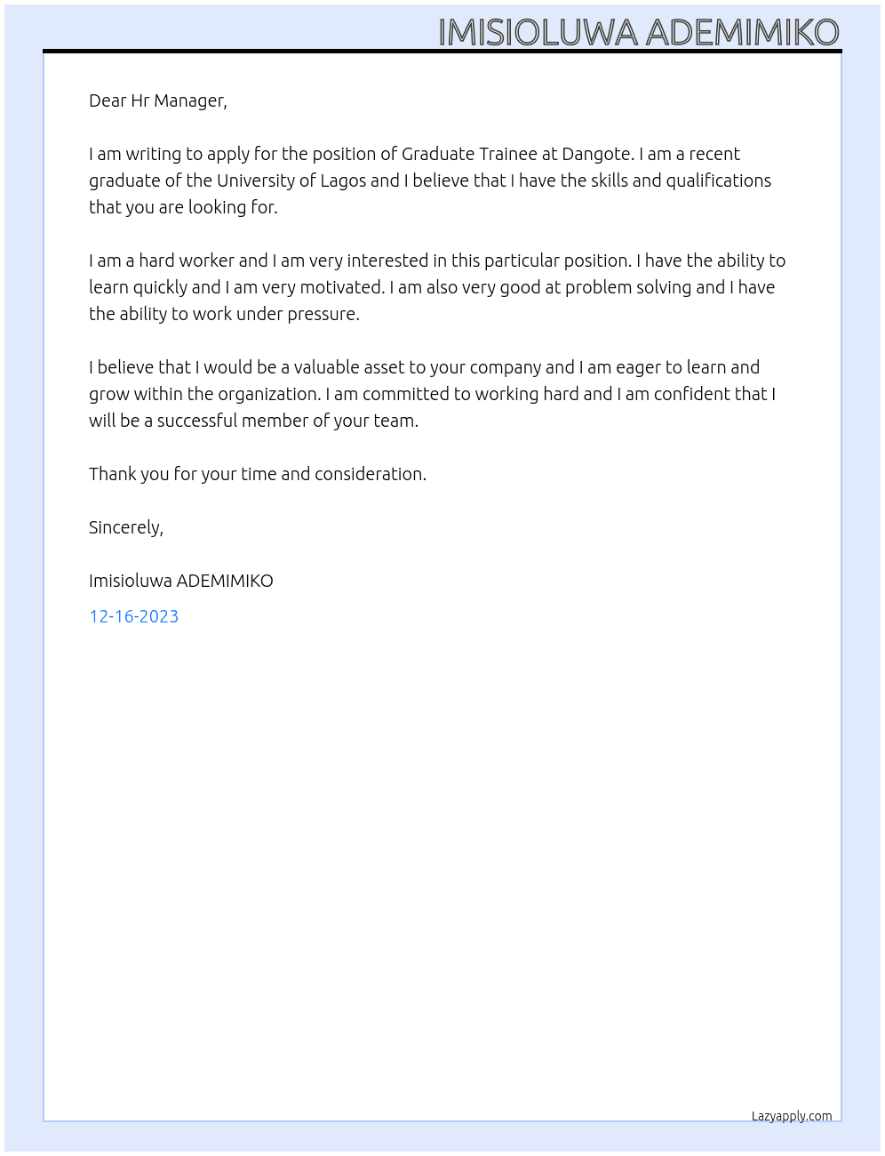 Graduate trainee At Dangote  Cover Letter