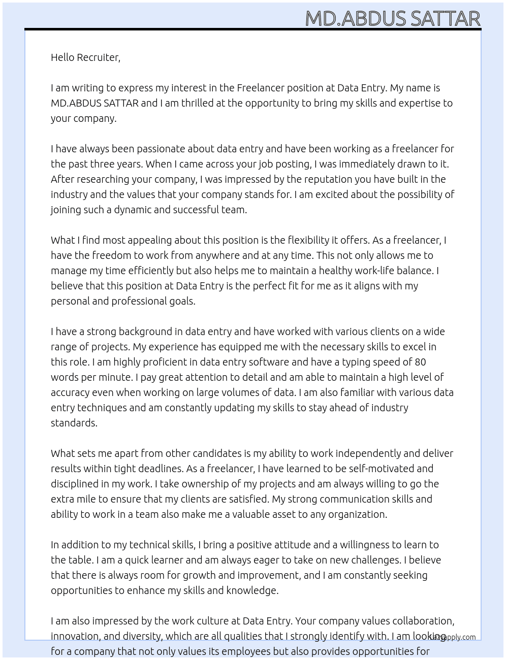 Freelancer  At data entry Cover Letter