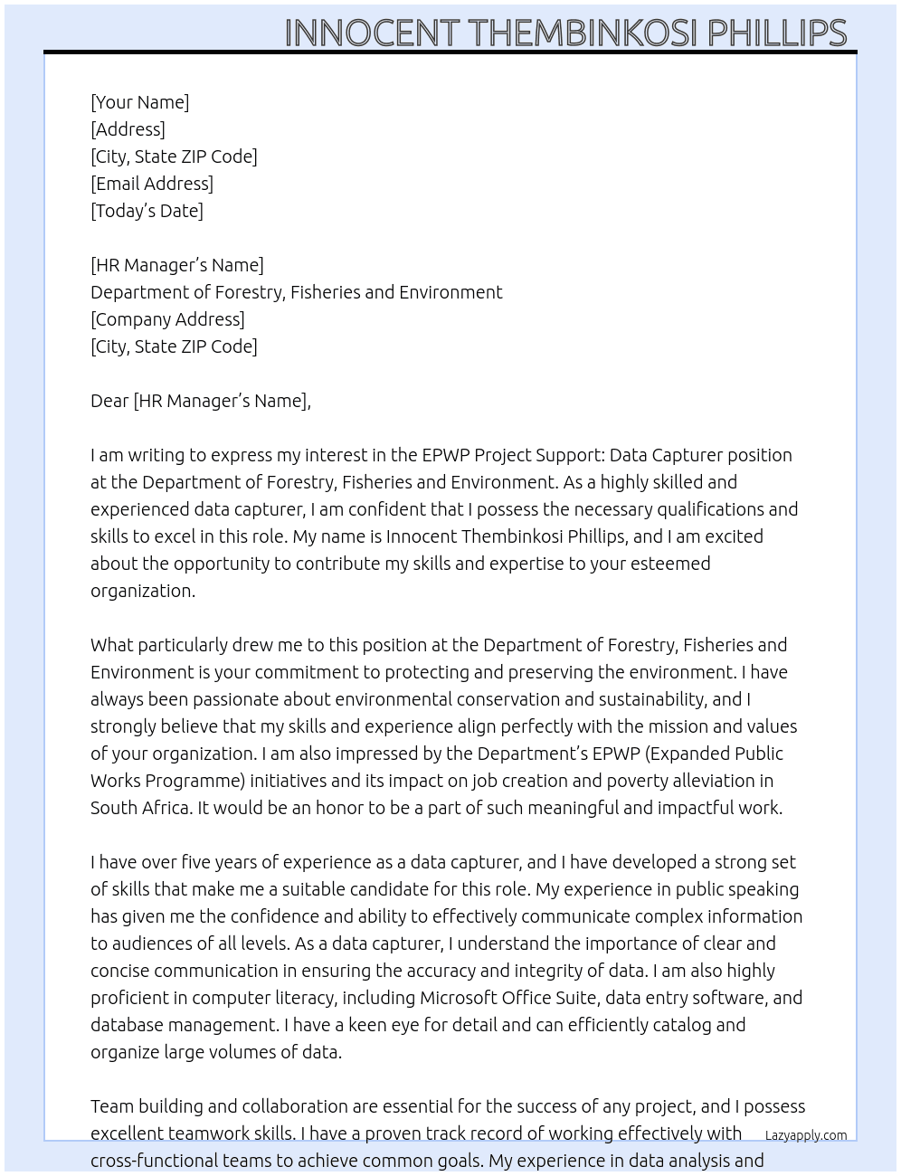 EPWP Project Support: Data Capturer At Department of Forestry, Fisheries and environment  Cover Letter