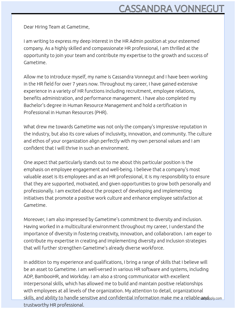 HR Admin At Gametime Cover Letter