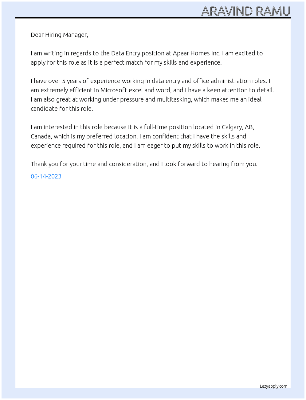 Data Entry At Apaar Homes Inc Cover Letter