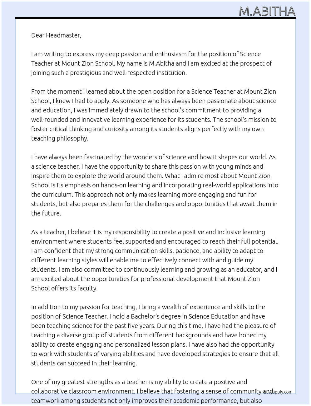 Science teacher  At Mount Zion school Cover Letter