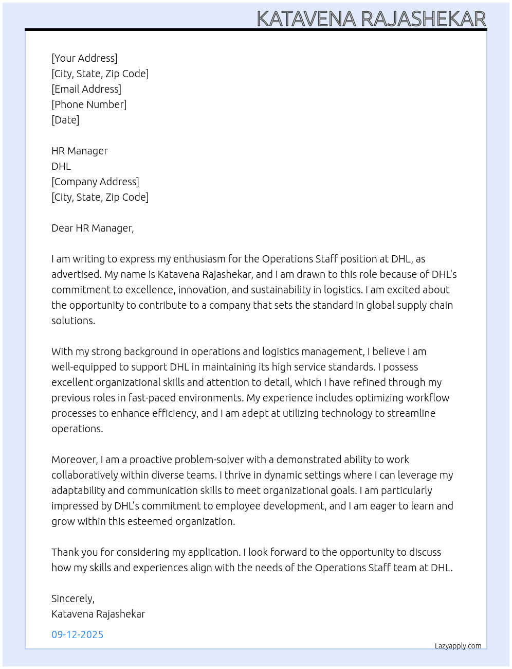 operation staff At DHL Cover Letter