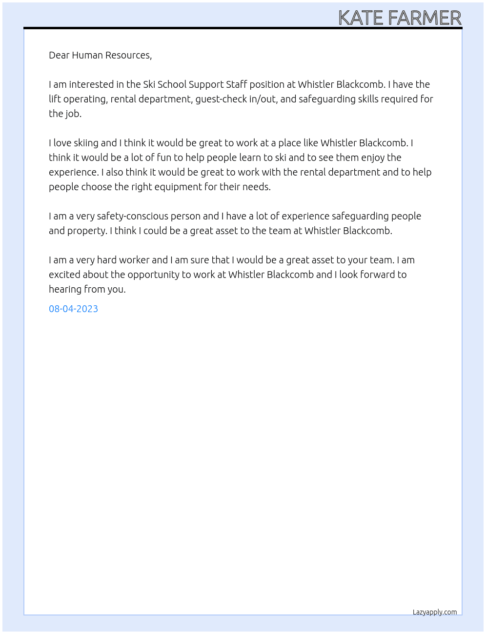 Ski School Support Staff At Whistler Blackcomb Cover Letter