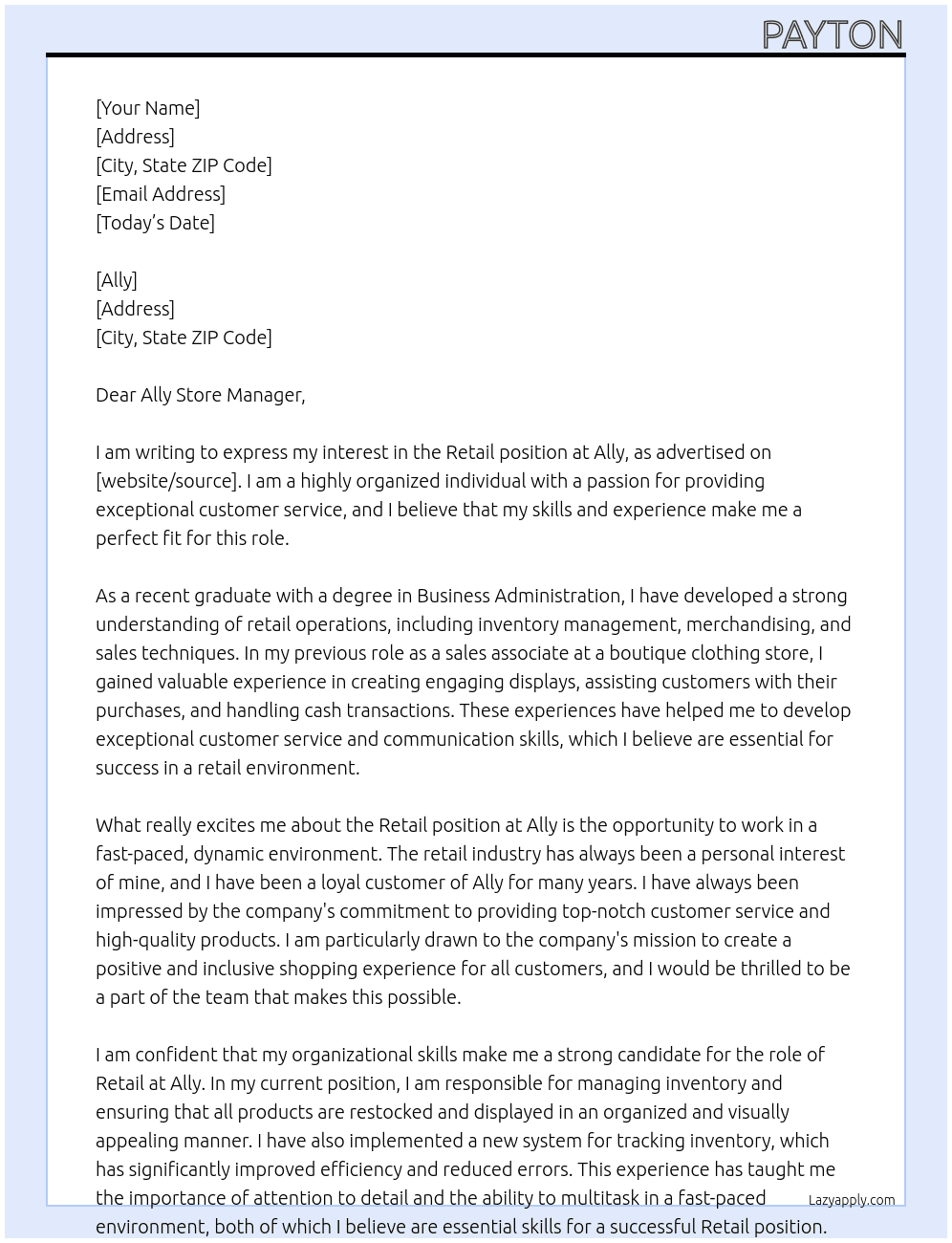 Retail  At Ally  Cover Letter