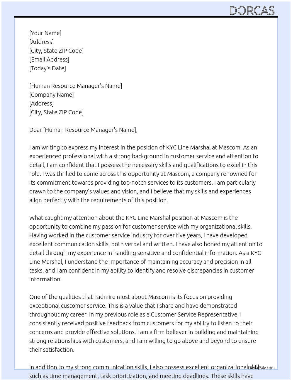 Cover letter for kyc line marshal - LazyApply