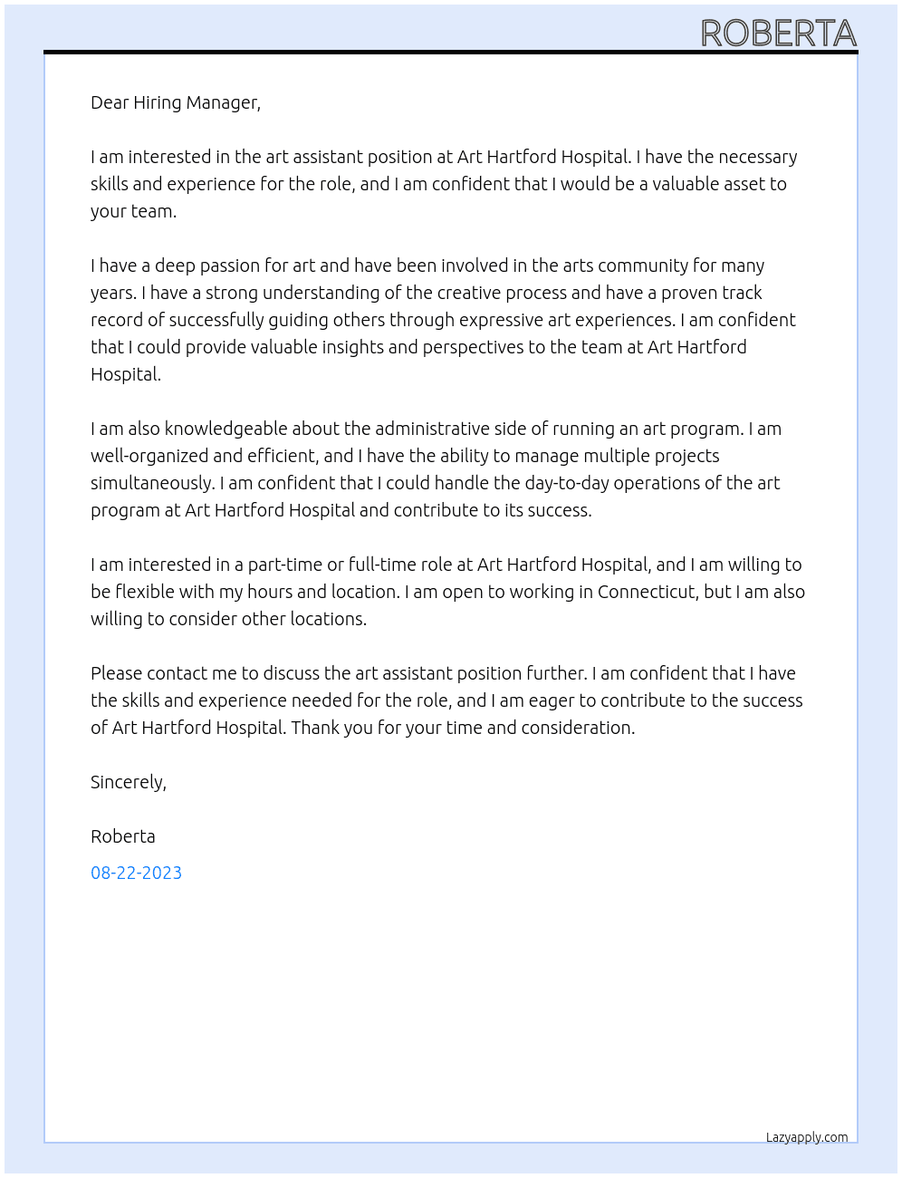 art assistant At Art Hartford Hospital Cover Letter