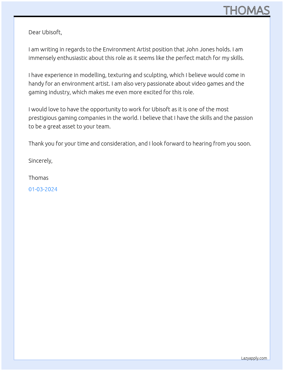 Environment Artist At Ubisoft Cover Letter