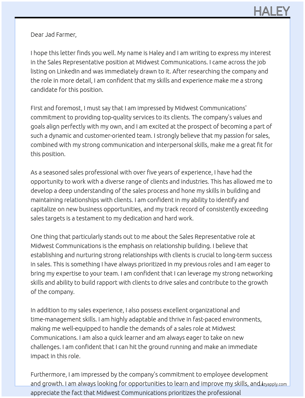 Sales Representative At Midwest Communications Cover Letter