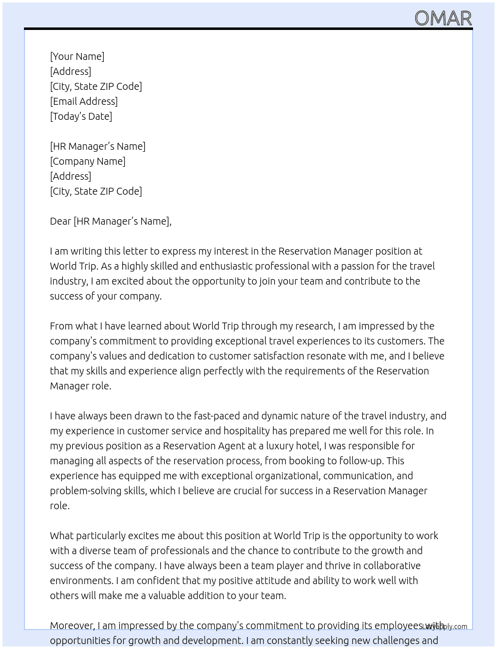 Reservation manager  At World Trip Cover Letter