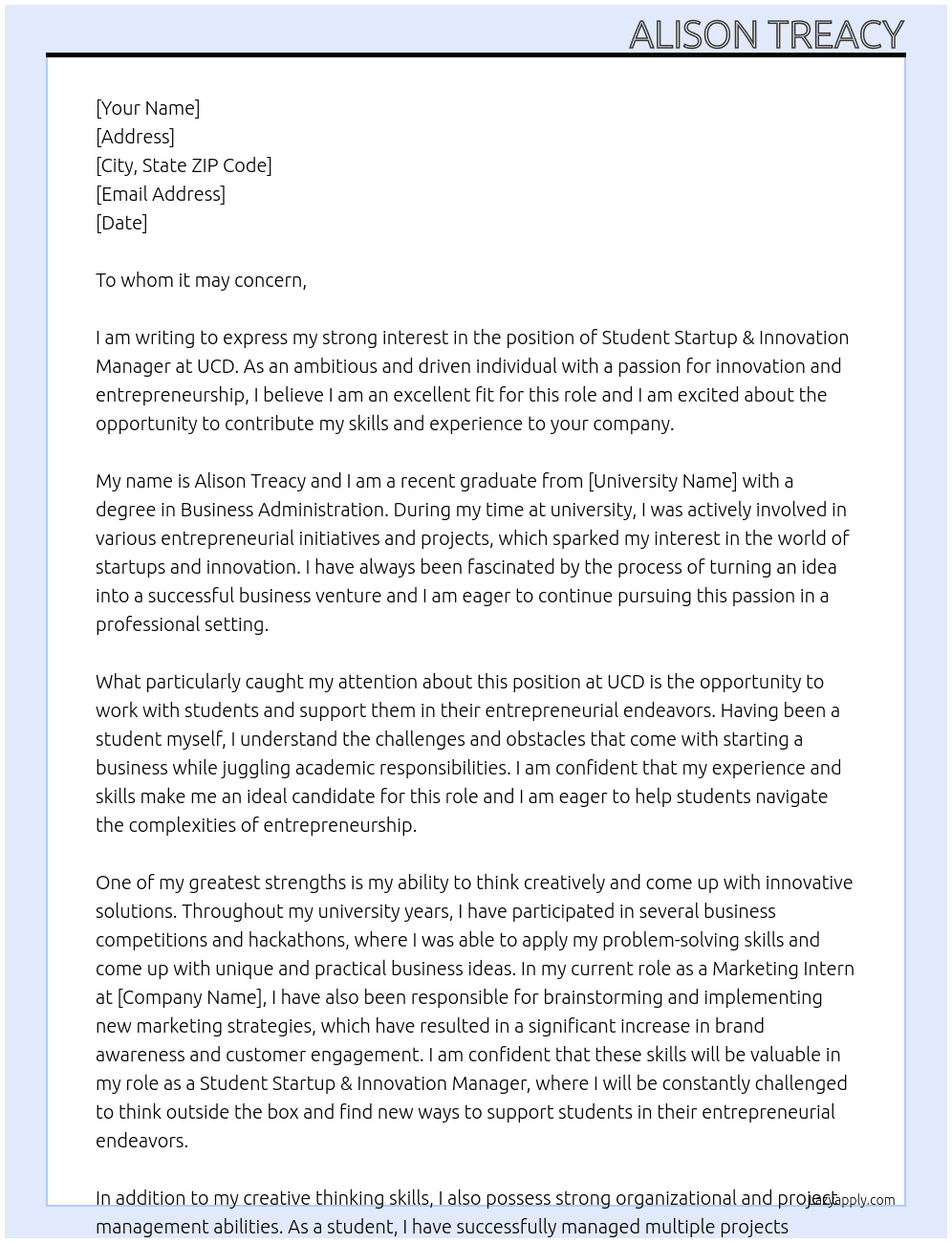 Student Startup & Innovation Manager At UCD Cover Letter