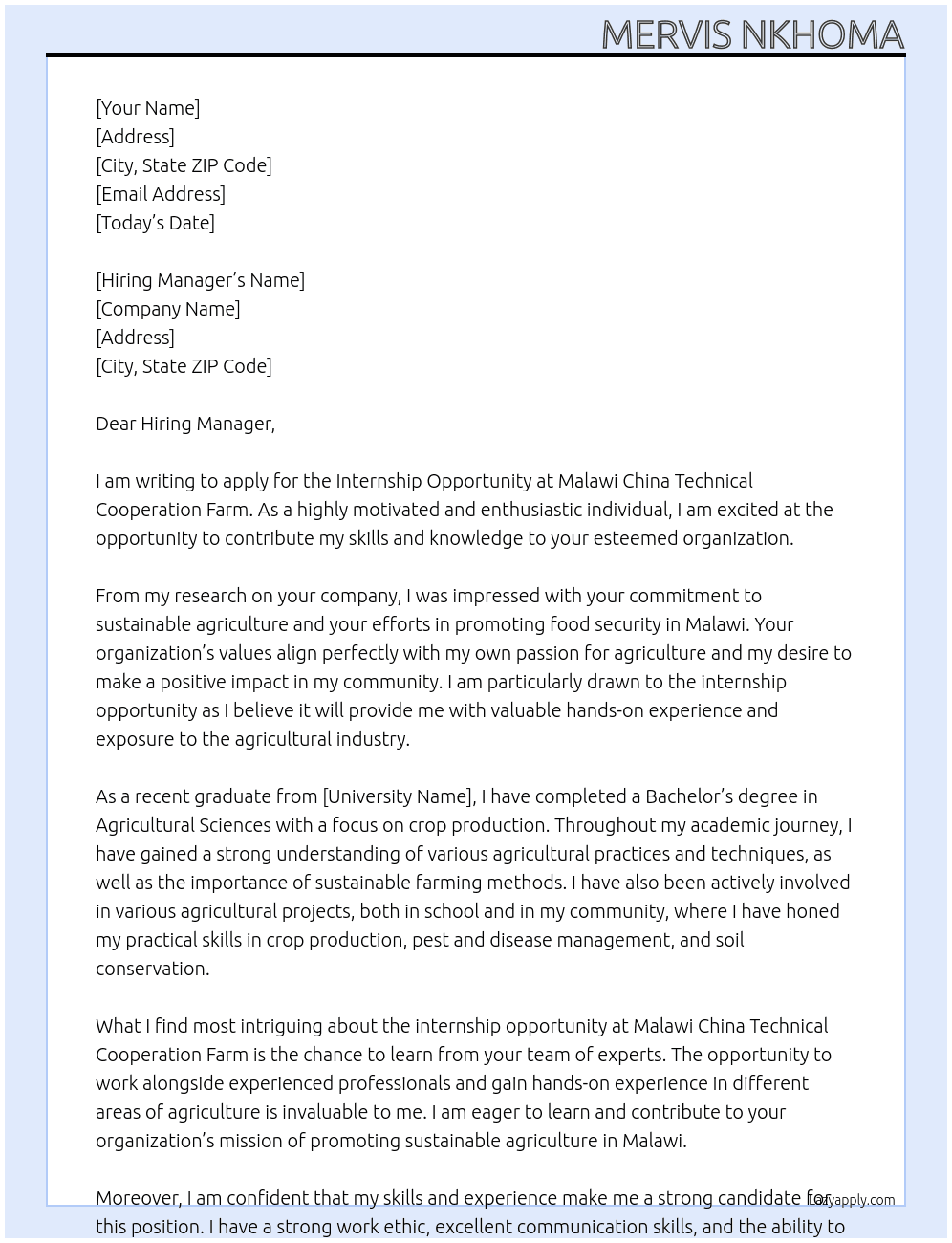 Internship opportunity  At Malawi china technical cooperaion farm Cover Letter