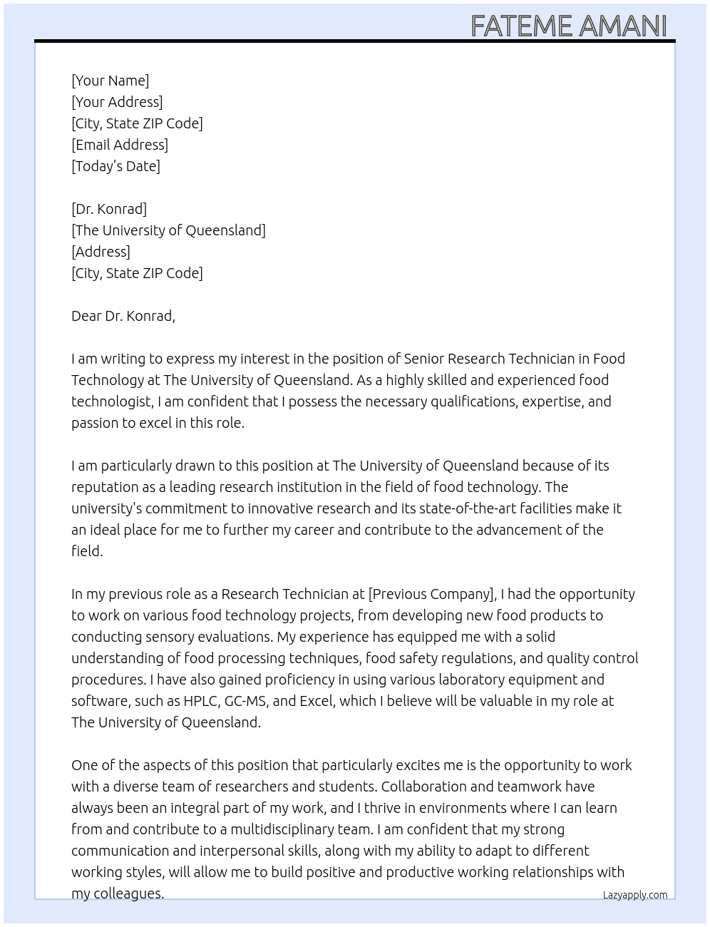 Senior research technician food technology  At The University Of Queensland   Cover Letter