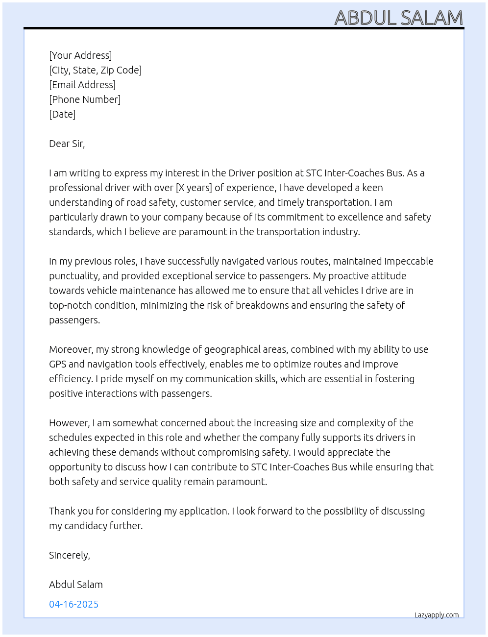 DRIVER At STC INTER - COACHES BUS Cover Letter