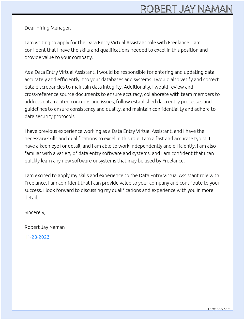 Data Entry Virtual Assistant At Freelance Cover Letter
