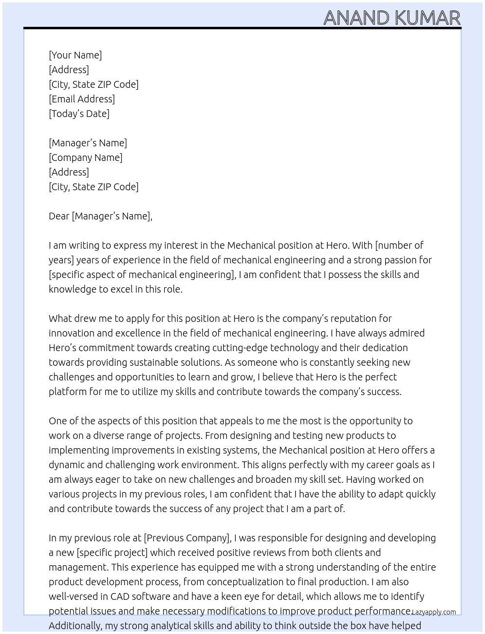 mechanical At hero  Cover Letter