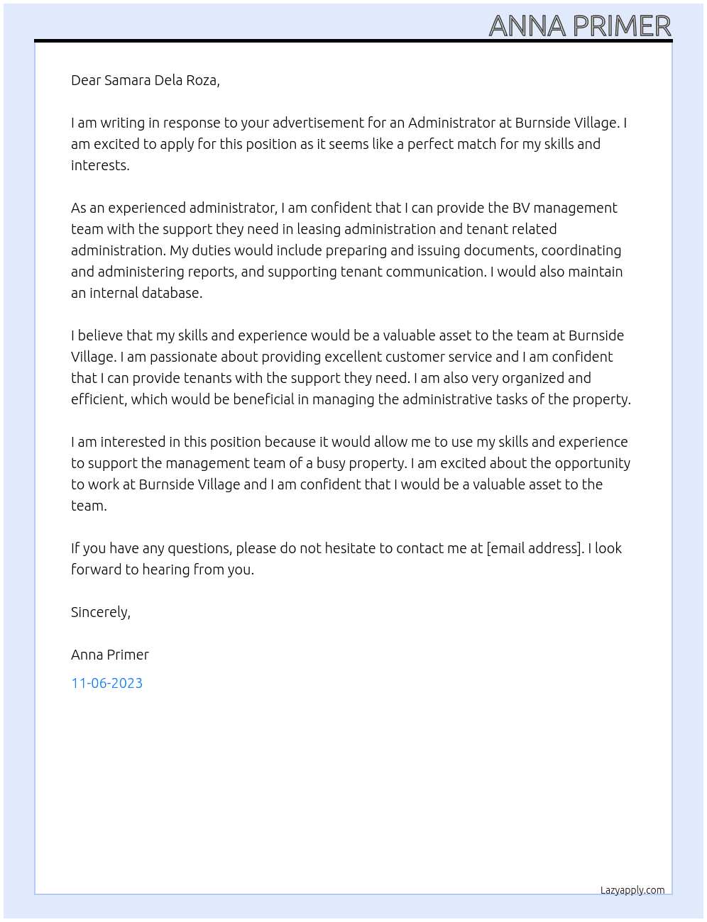 Administrator At Burnside Village Cover Letter
