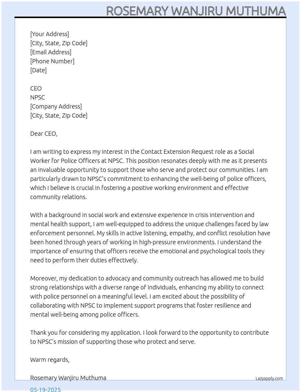 Social worker for police officers At NPSC Cover Letter