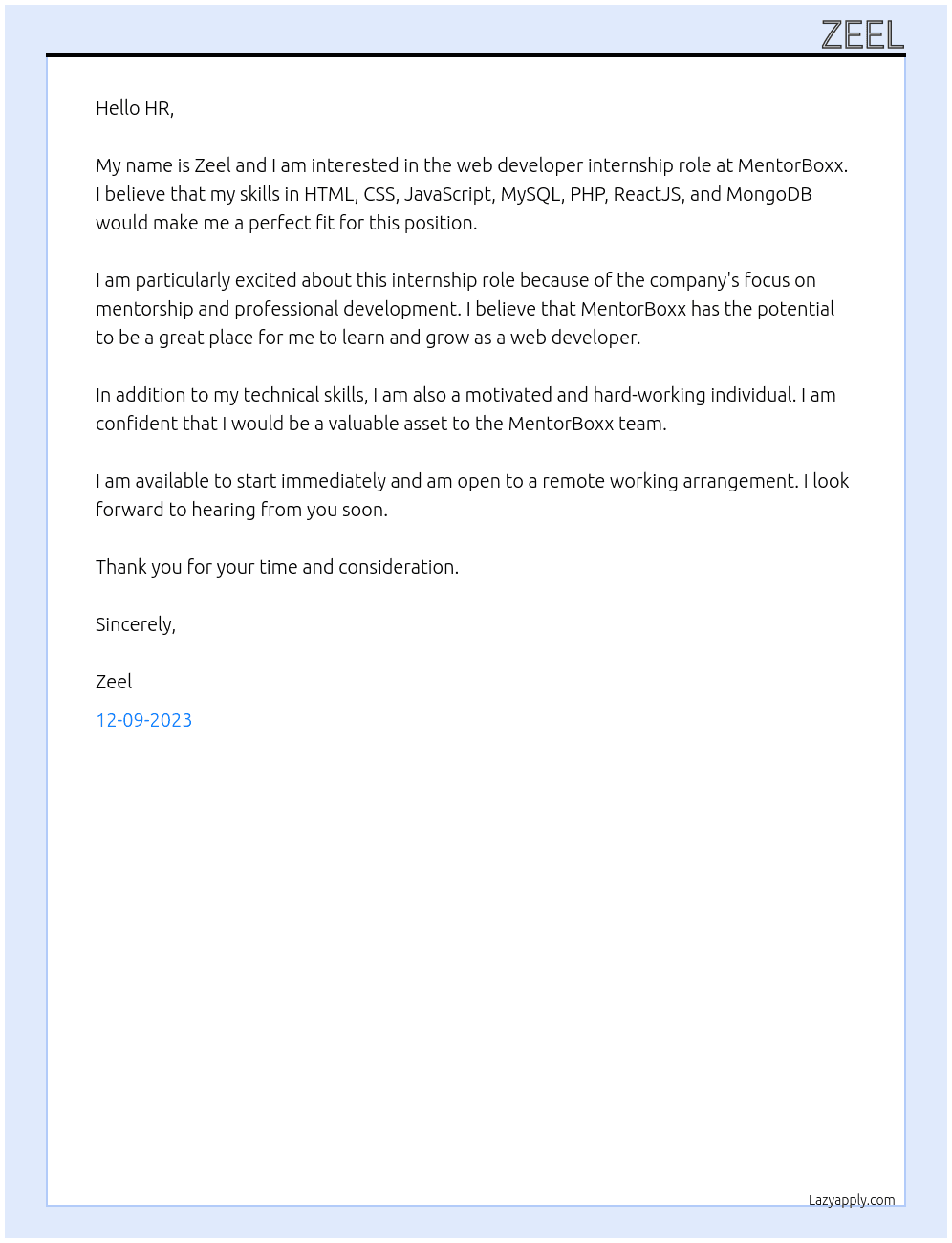 Web Developer At MentorBoxx Cover Letter