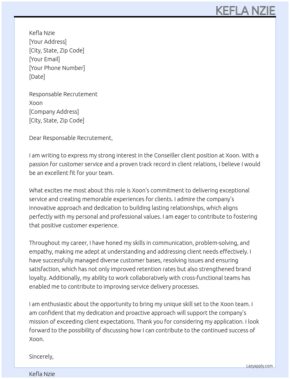 Conseiller client At Xoon Cover Letter
