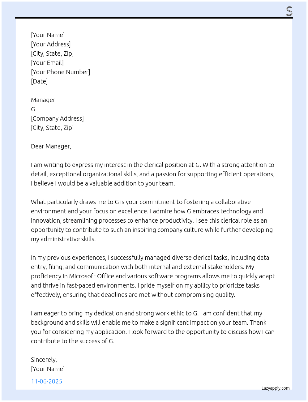 Cover letter for clerical - LazyApply