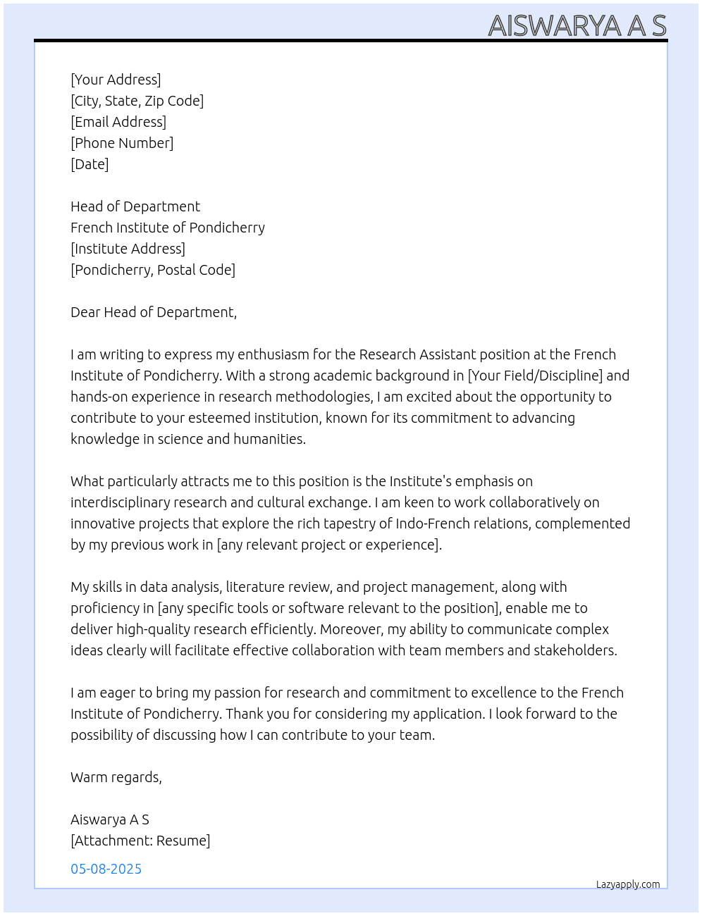 Research assistant At French institute of Pondicherry Cover Letter