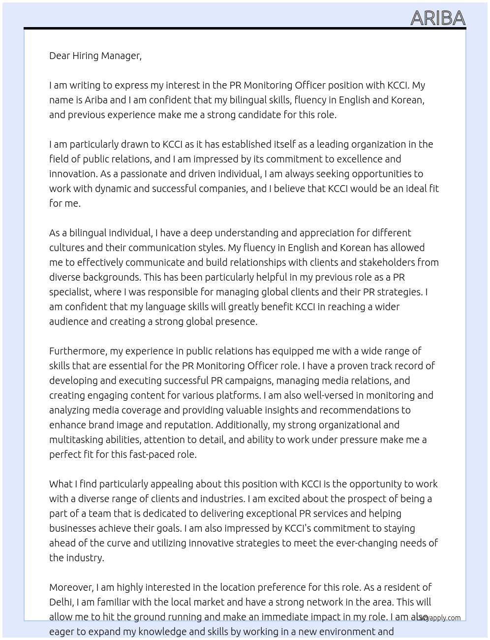 PR monitoring officer At KCCI Cover Letter