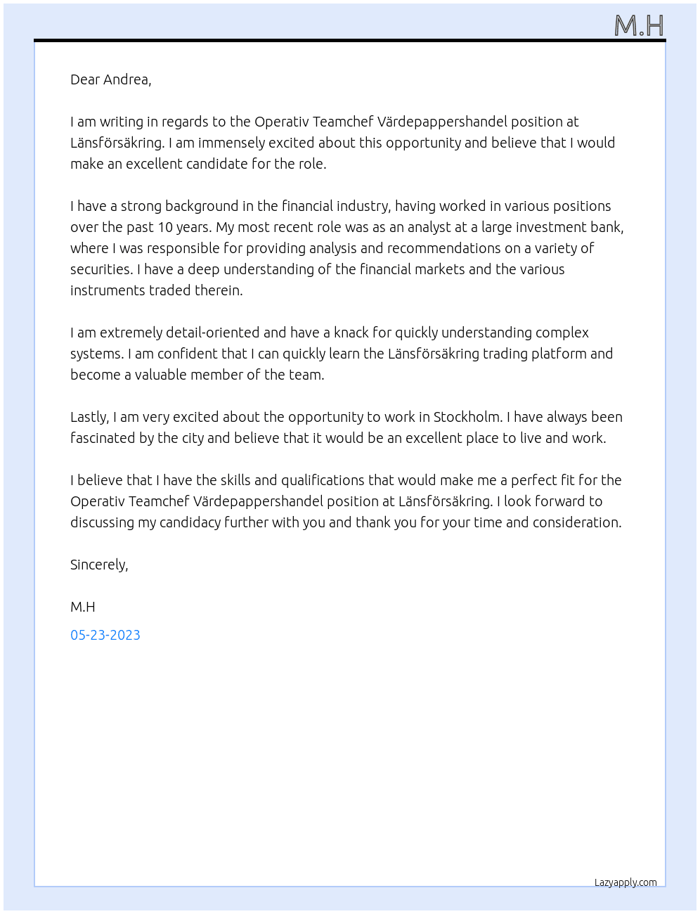 Operativ Teamchef Värdepappershandel At Länsförsäkring Cover Letter