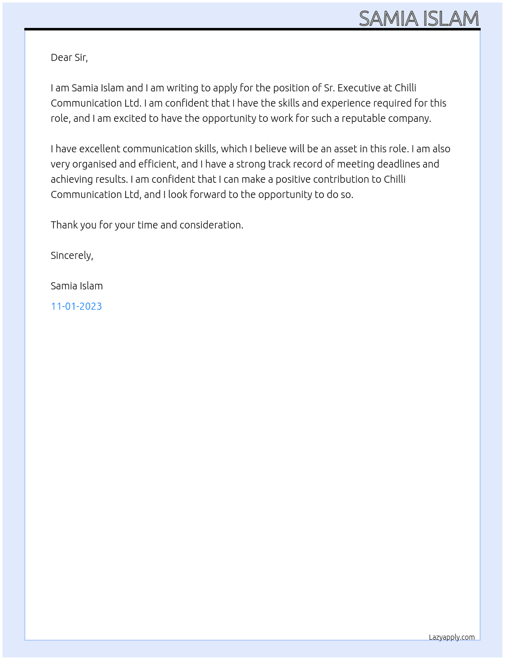 Sr. Executive At Chilli Communication  Ltd Cover Letter