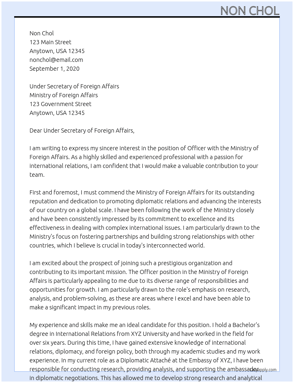 Officer  At Ministry of Foreign affairs  Cover Letter