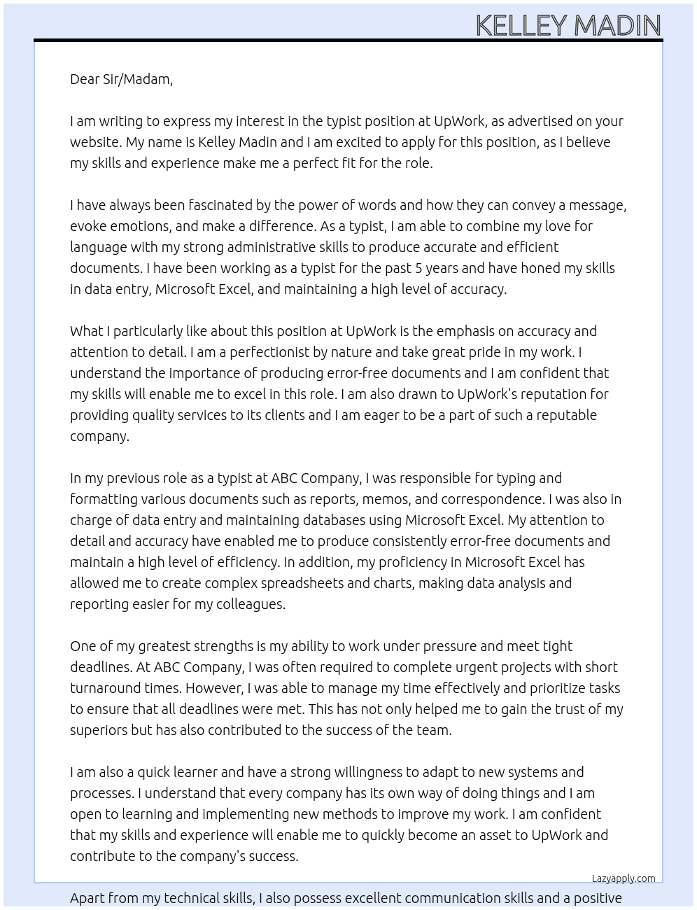 typist At UpWork Cover Letter