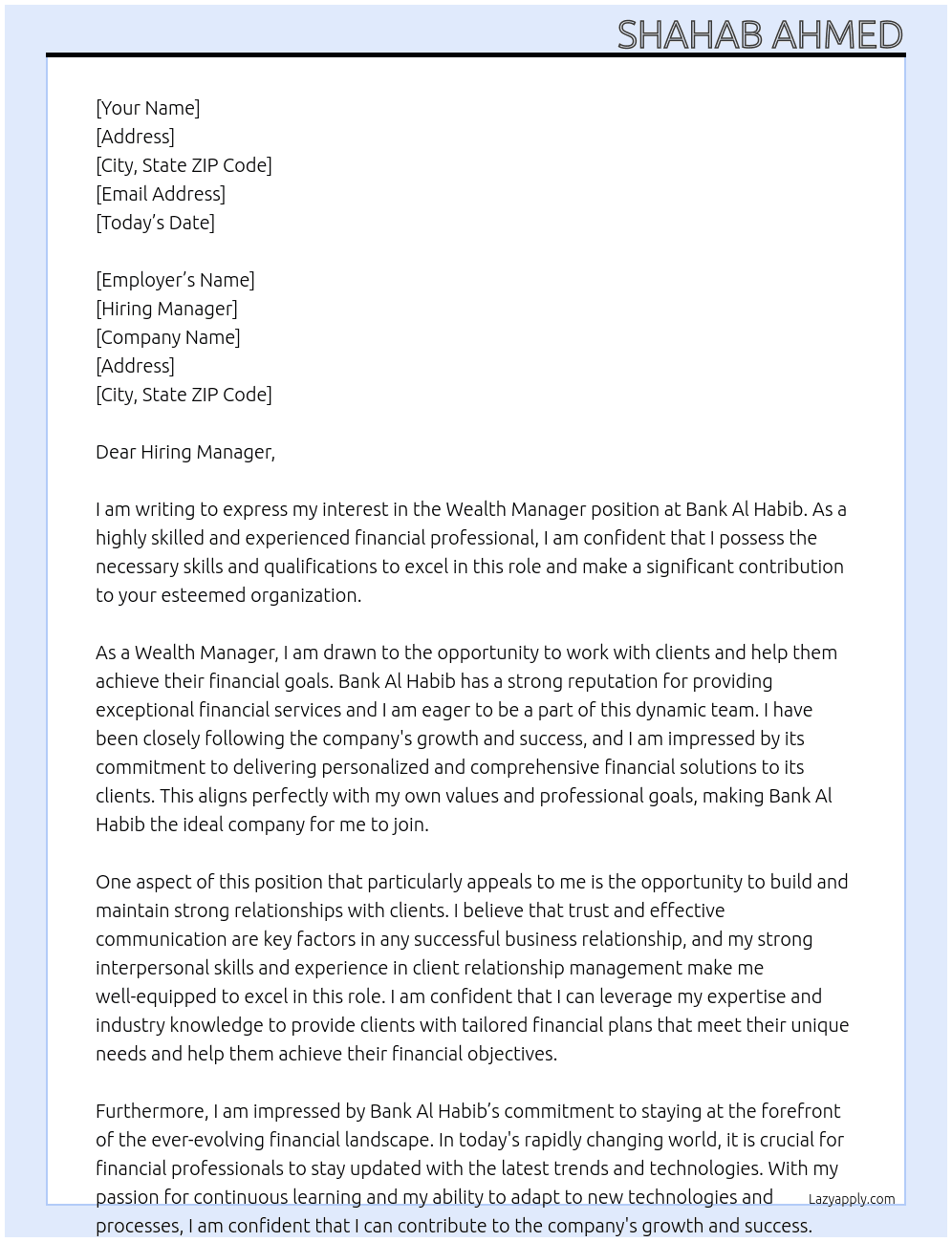 WEALTH MANAGER At BANK AL HABIB Cover Letter