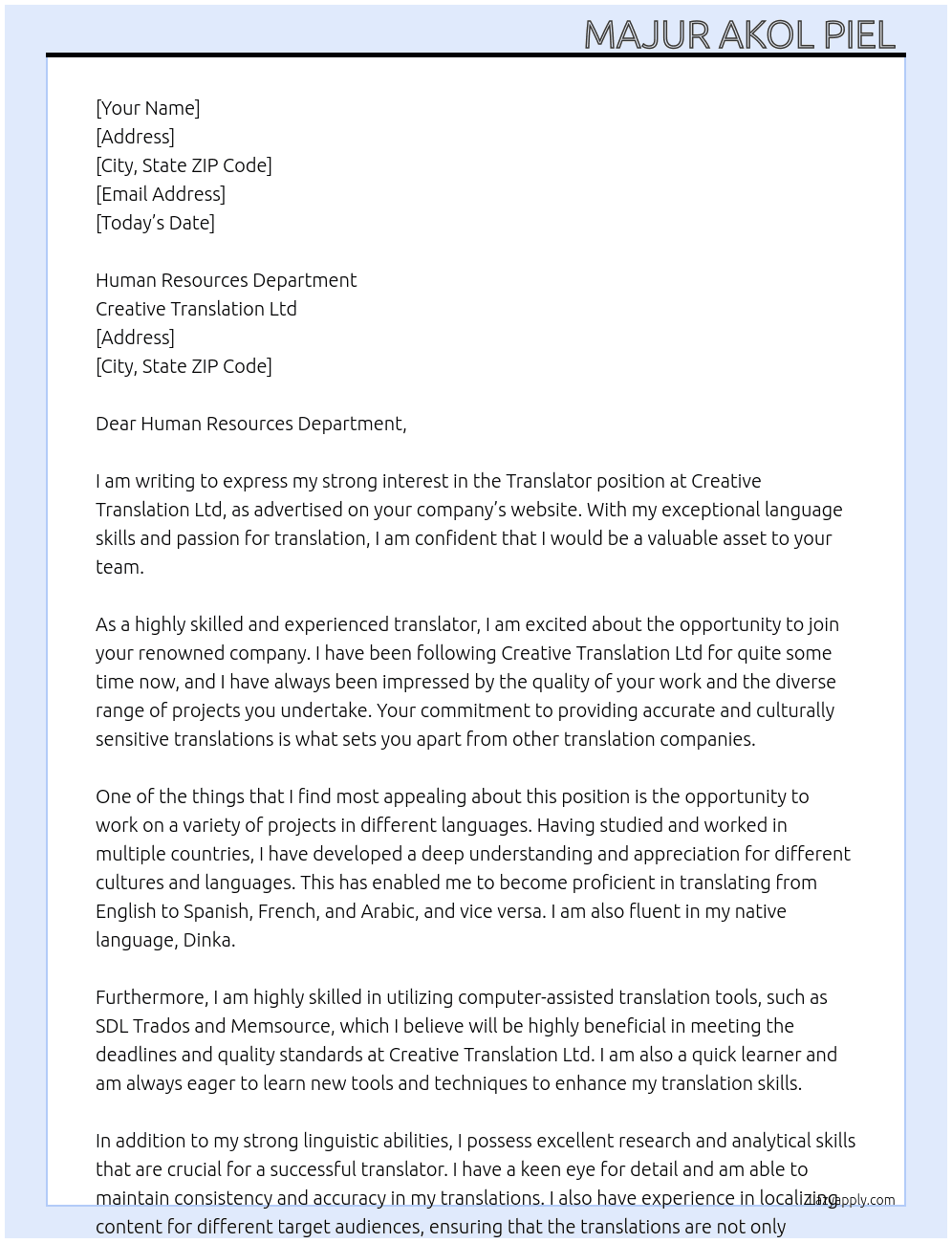 Translator  At Creative  Translation Ltd Cover Letter