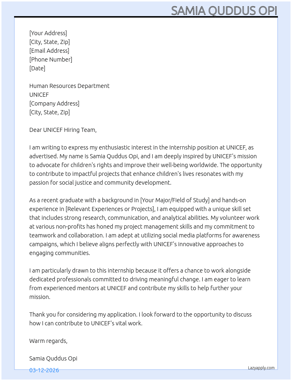 Internship At Unicef Cover Letter
