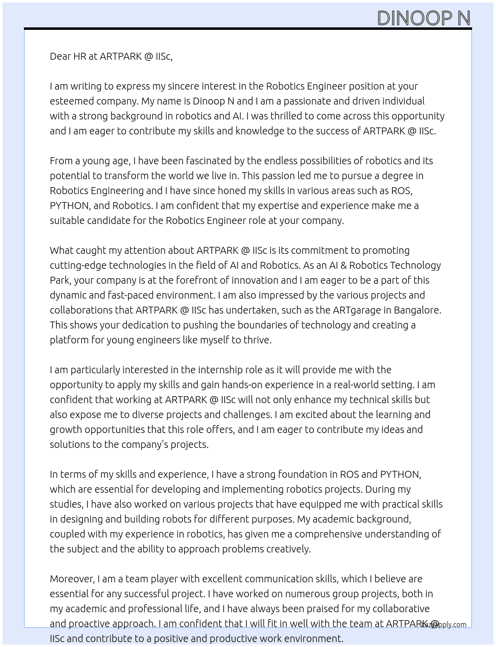 Robotics engineer At ARTPARK @ IISc (AI & Robotics Technology Park) Cover Letter