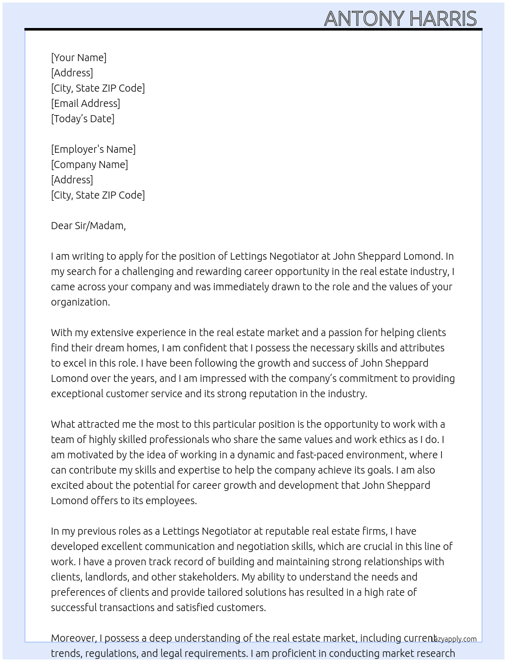 Cover letter for lettings negotiator - LazyApply