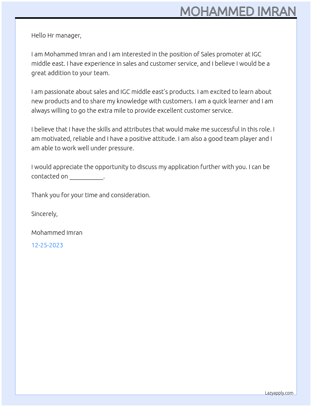 Sales promoter  At IGC middle east Cover Letter