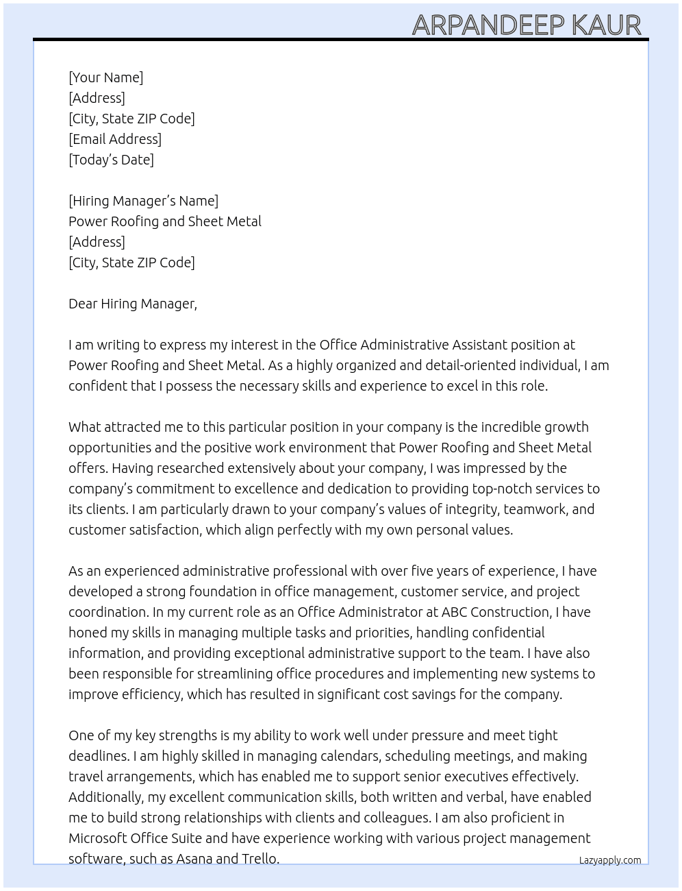 Office Administrative Assistant  At Power Roofing and sheet Metal Cover Letter