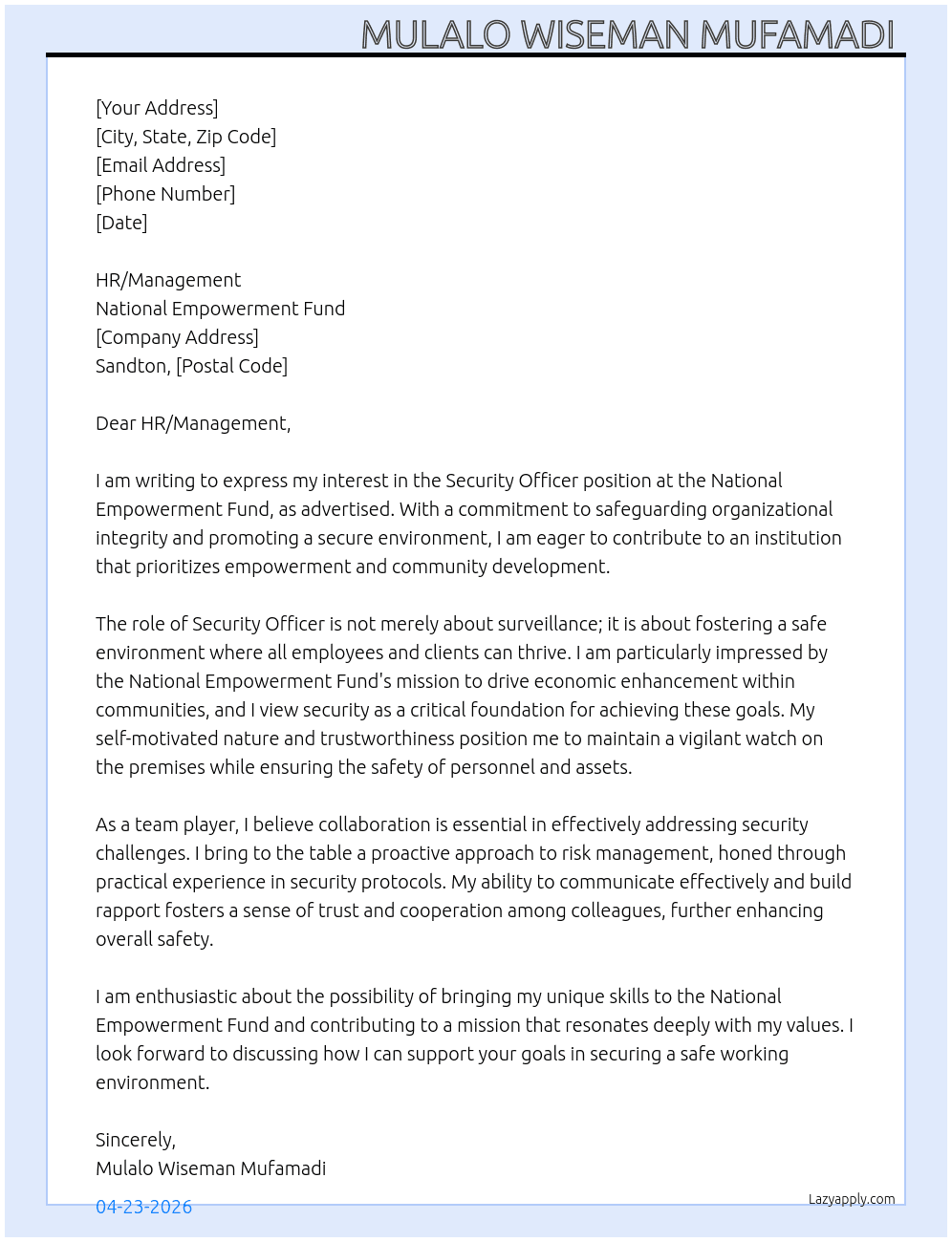 Security Officer  At National Empowerment Fund Cover Letter