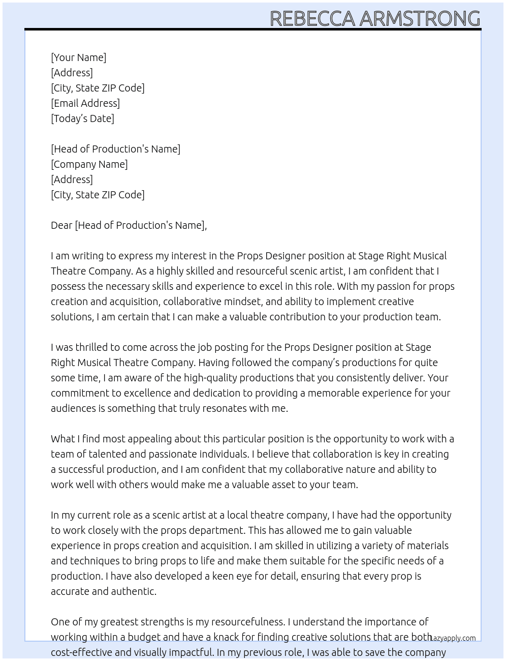 Cover letter for props designer - LazyApply