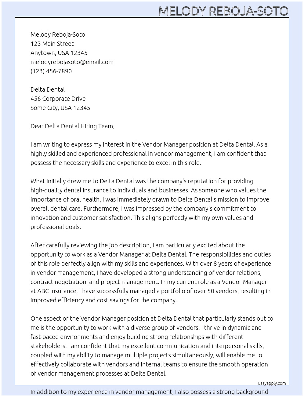 Vendor Manager At Delta Dental Cover Letter