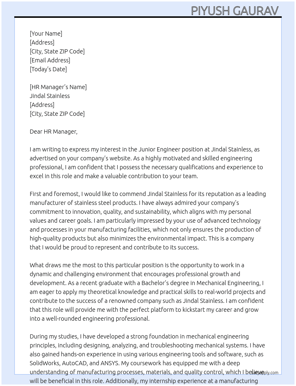 JUNIOR ENGINEER  At JINDAL STAINLESS  Cover Letter