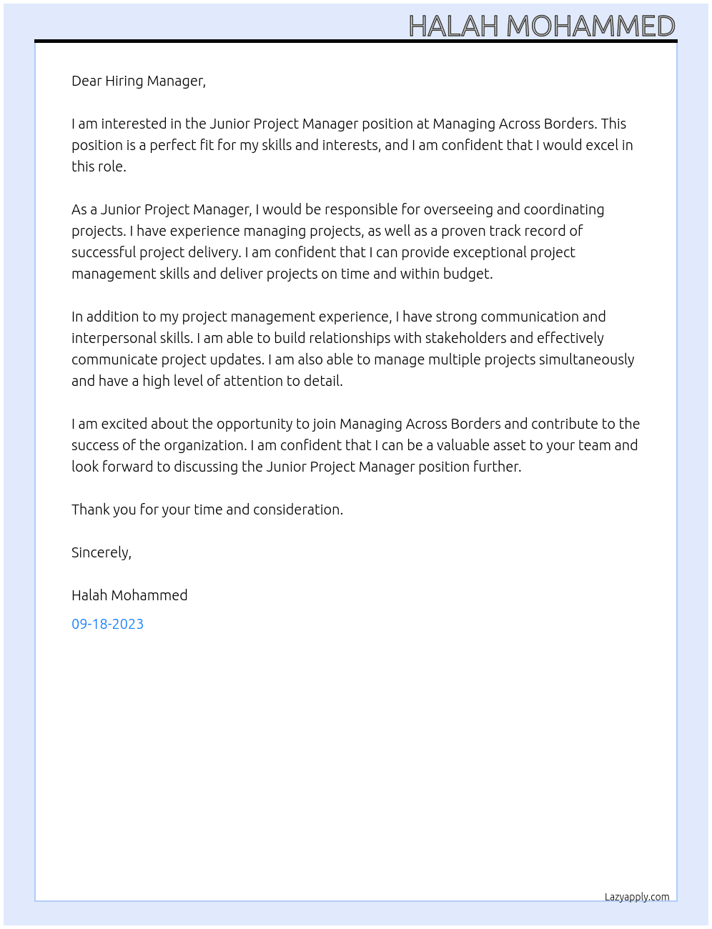 Junior Project Manager At Managing Across Borders Cover Letter