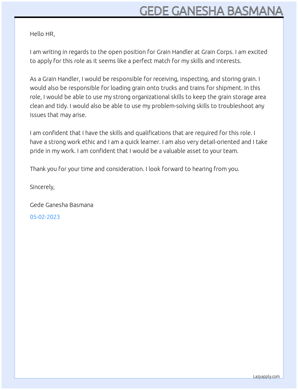Graind Handler At Grain Corps Cover Letter