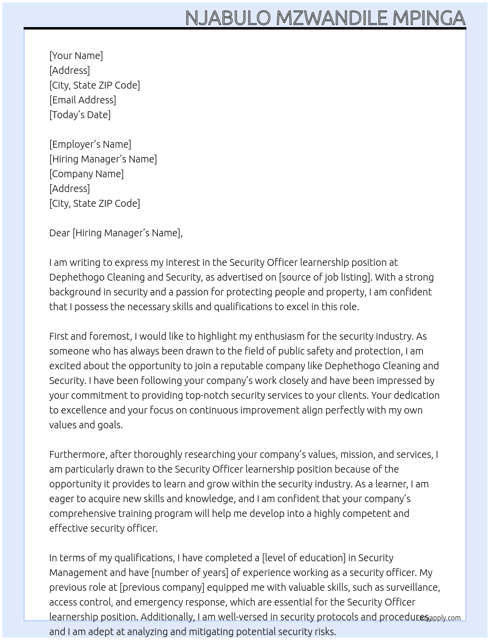 Security Officer learnership  At Dephethogo Cleaning and Security  Cover Letter