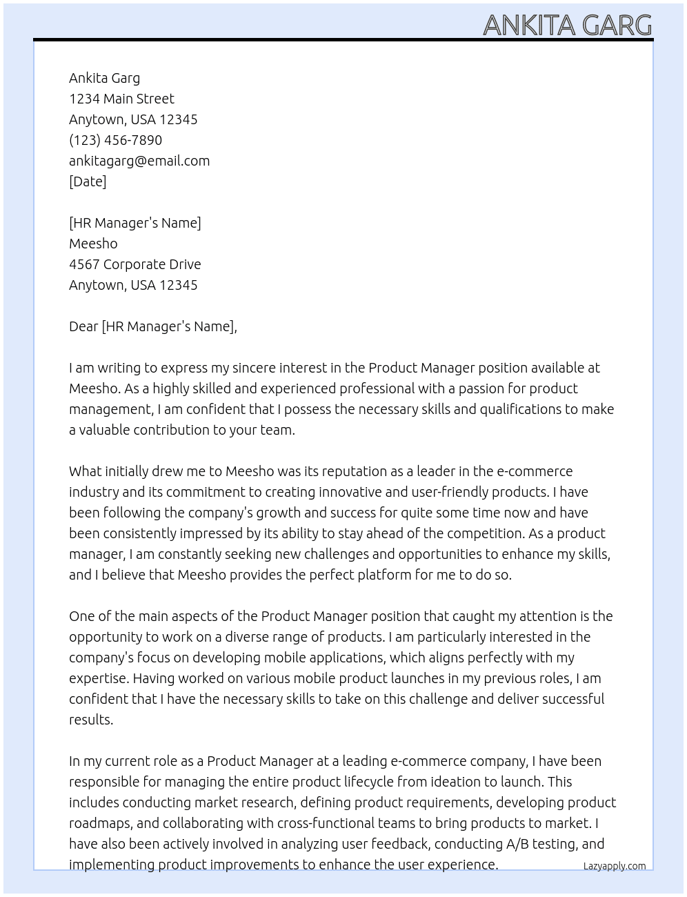 product manager At Meesho Cover Letter