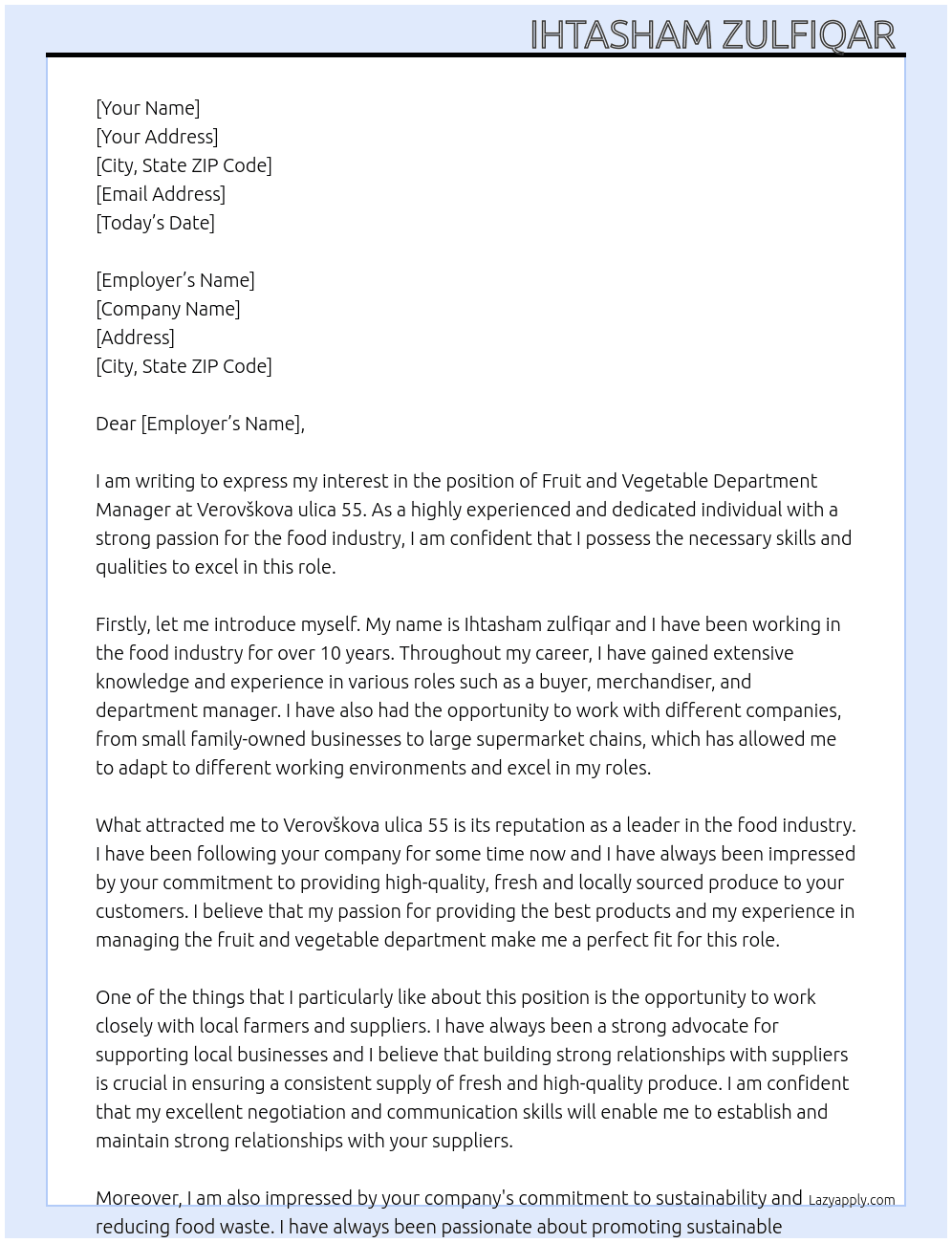 Fruit and Vegetable Department Manager At Verovškova ulica 55 Cover Letter