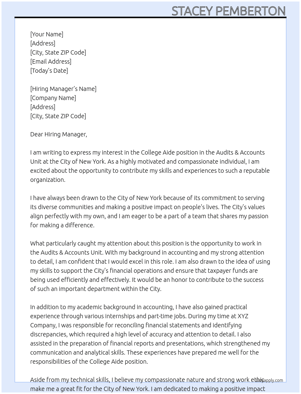 College Aide (Audits & Accounts Unit) At  the City of New York Cover Letter