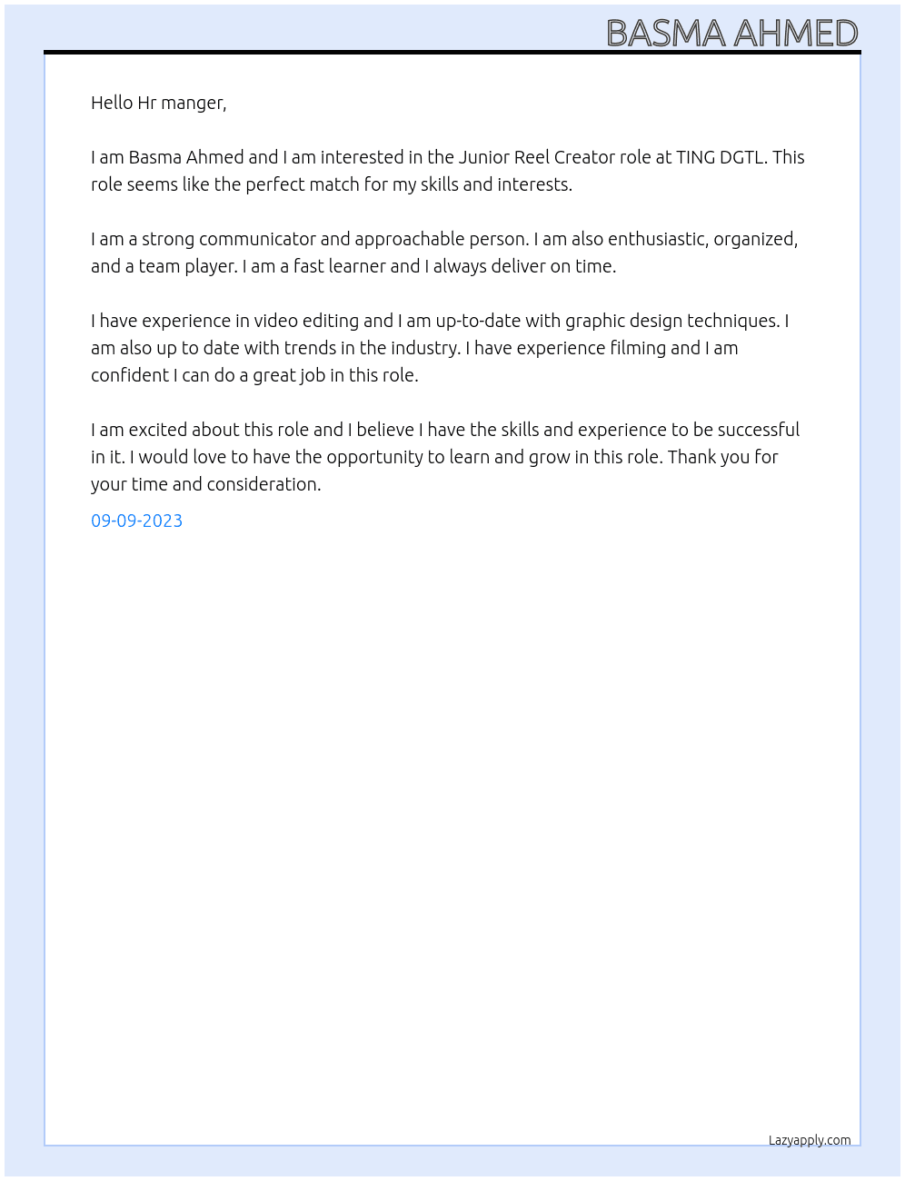 Junior Reel Creator At TING DGTL  Cover Letter